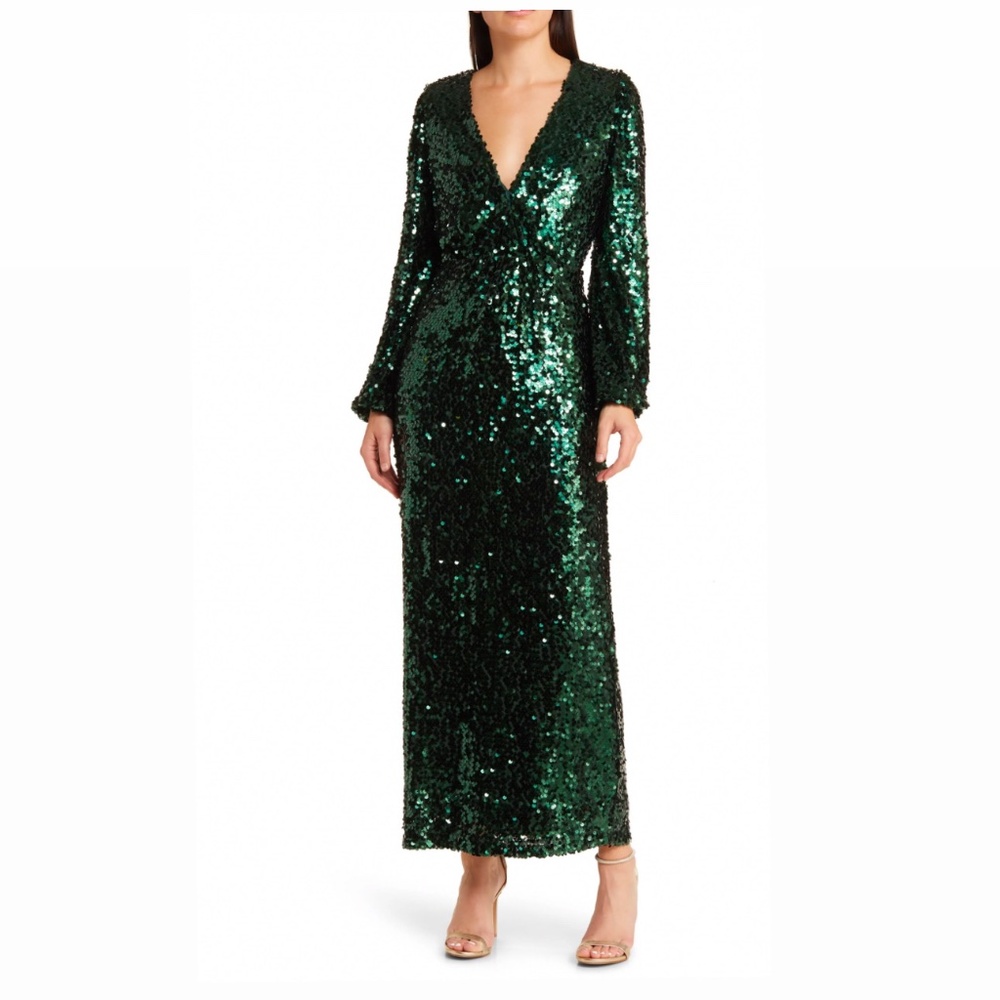 Green Sequin Long Sleeve Maxi Dress